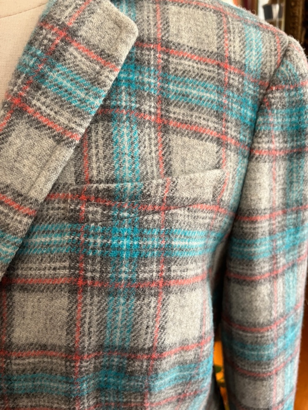 Talbots Plaid Teal,Grey,Rust & Cream Wool blend Blazer w/front pockets Size 14 - Picture 6 of 11